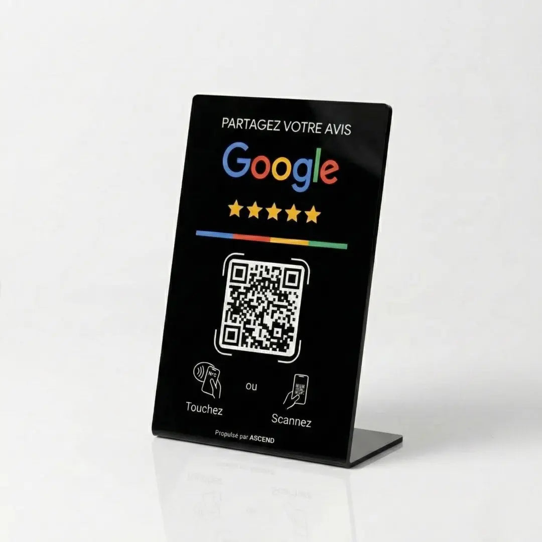 Booster Avis Google noir en format chevalet vertical avec technologie NFC sans contact pour avis clients.