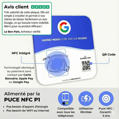 Schema plaque NFC avis Google avec QR code et puce sans contact