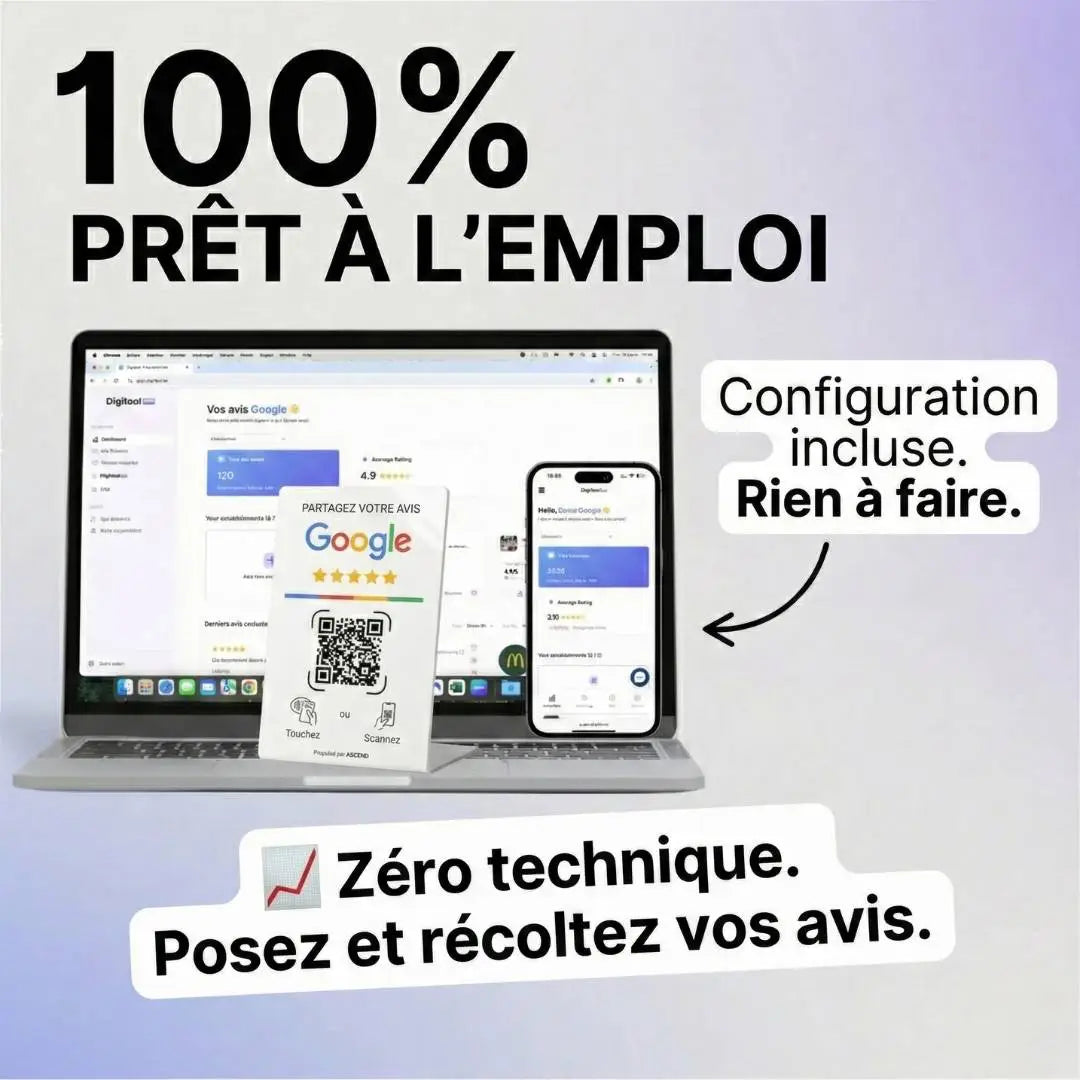 Gros plan sur la technologie sans contact NFC et le QR code du Booster Avis Google pour commerçants.