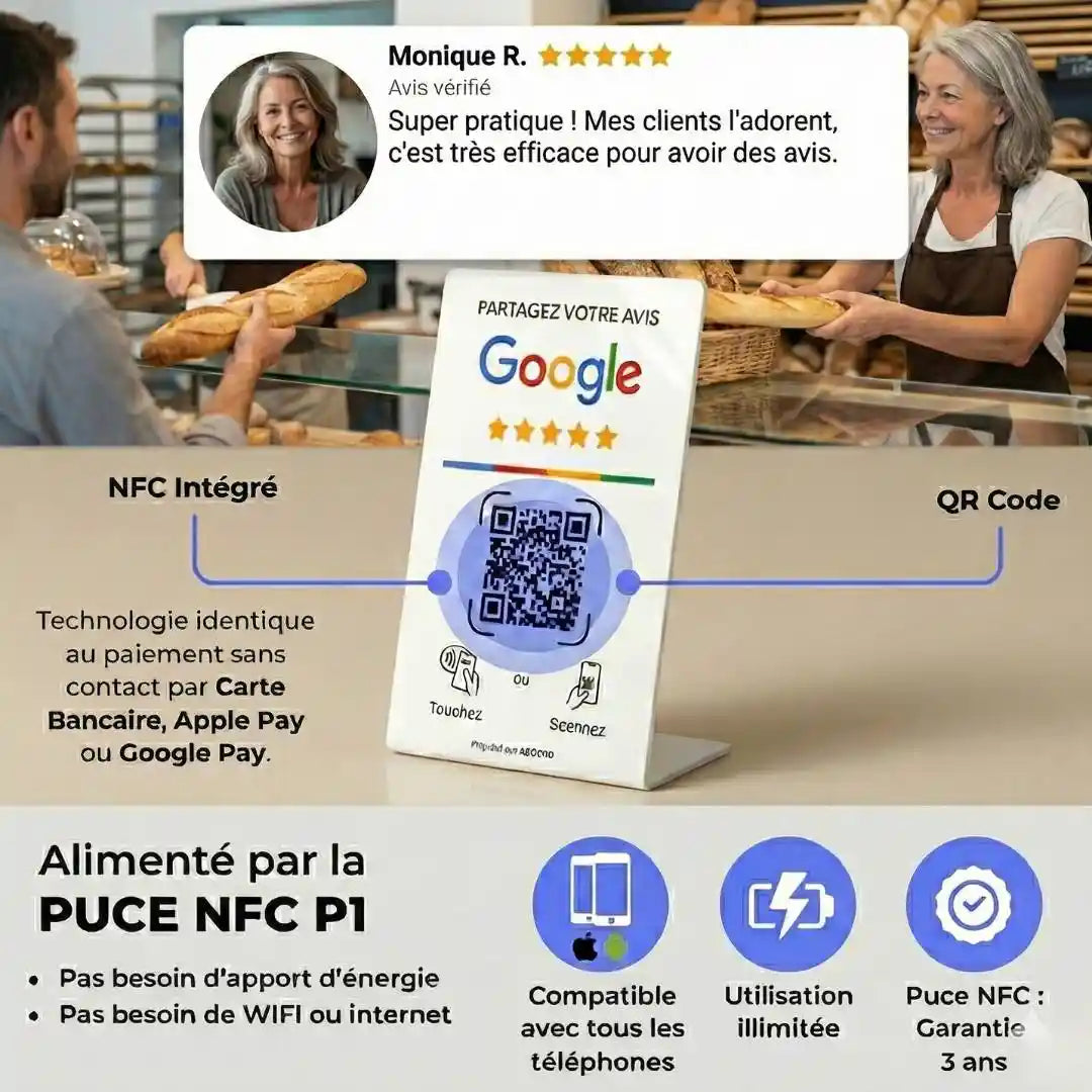 Chevalet de comptoir Booster Avis Google posé près d'une caisse de boulangerie pour récolter des avis.
